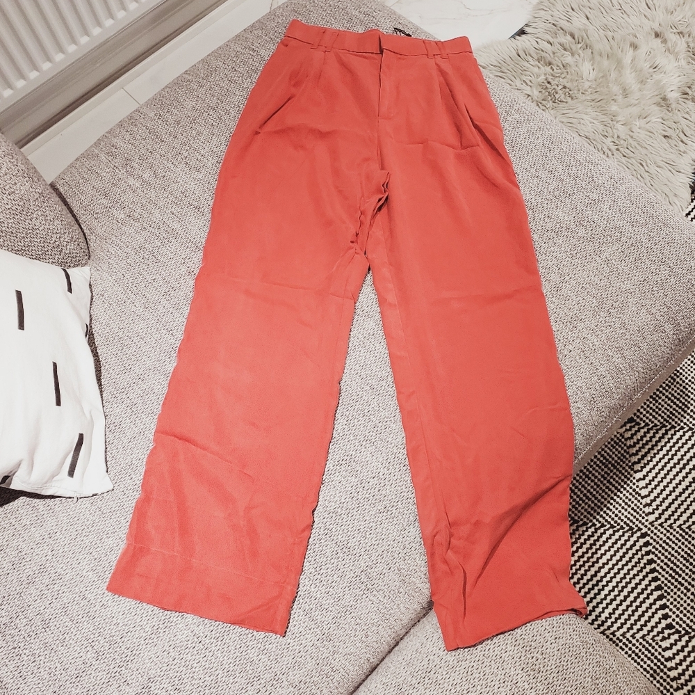 ZARA Coral Red Lyocell Wide Leg Pleated Waist Pants - Picture 2 of 12